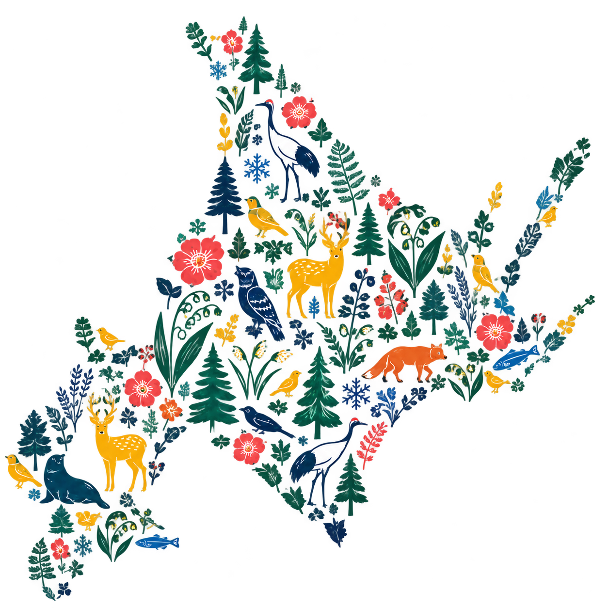 花や木、タンチョウ、鹿、キツネなど北海道の動植物が形づくる北海道の地図